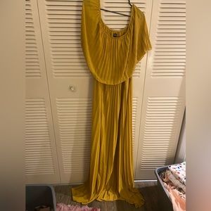 XPlusWear Sheer Mustard Yellow off the shoulder pleated dress